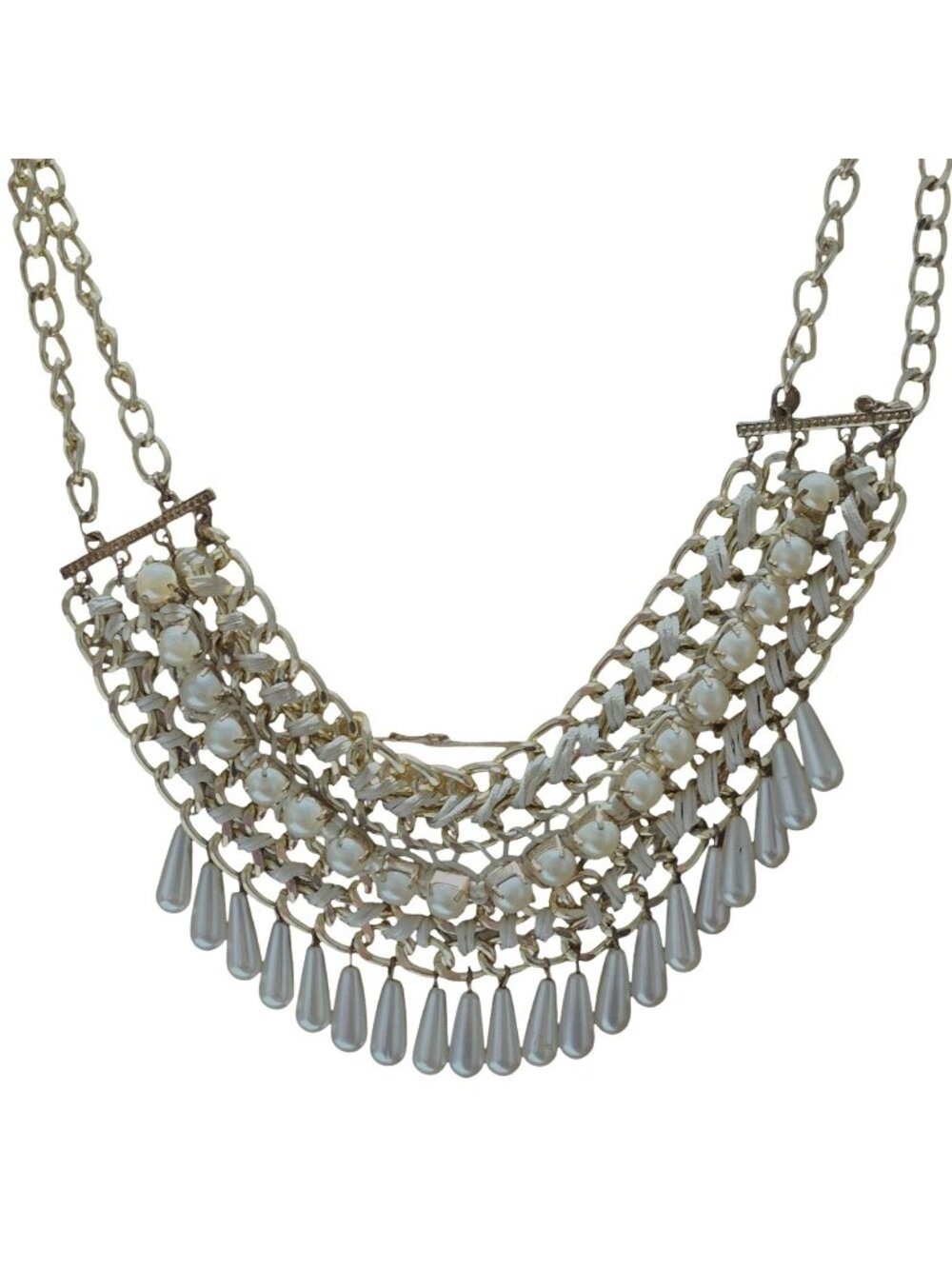 Vintage Bib Necklace Faux Pearl Beaded Net Collar Gold Tone Boho Glam Jewelry
